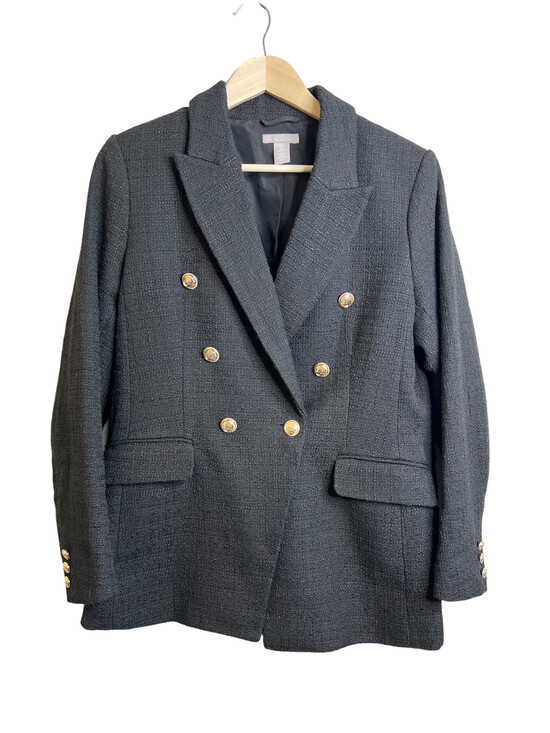 H&M Black Tweed Boucle Double Breasted Gold Button Blazer Jacket Size M - Picture 2 of 6
